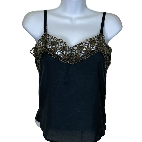 NWT Vintage Judy’s Camisole Tank Blouse Black with Bronze Gold Lace Trim Small - Picture 1 of 11